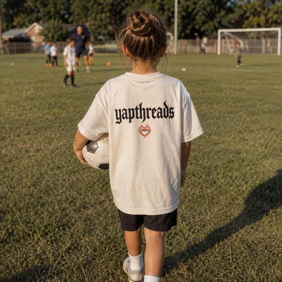 Young girl on a soccer field holding a ball, wearing the cream yapthreads tee with the flaming heart